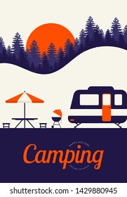 Camping and travel concept poster background vintage retro style. Graphic design element template can be used for backdrop, brochure, banner, publication, invitation, vector illustration