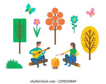 Camping travel, couple near campfire with guitar and marshmallow vector. Nature, trees and flowers, butterflies and bushes, outdoor summer activity