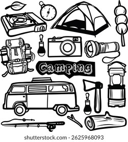 Camping and Travel Doodle Illustration Set round shape Hand drawn, Camping Hand Drawn Doodle Coloring, Camping Doodle Set, travel doodle set, holiday hand drawn style, 