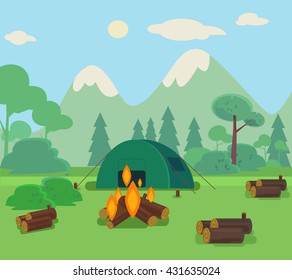 Camping travel flat cartoon illustration