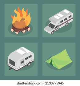 camping travel icons flat layout