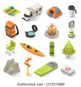 Camping and travel isometric elements. Outdoor activity withovernight stays away from home in a shelter. Vector camping illustration on white background