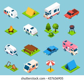 Camping and travel isometric icons set with trees transport and different things for campsite and travelling on light blue background isolated vector illustration