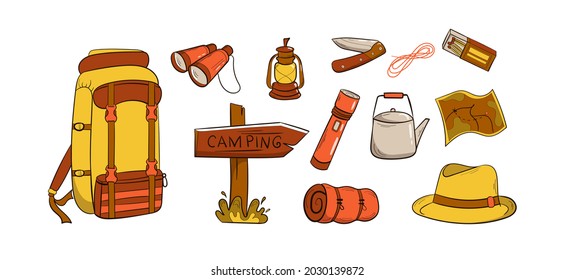 Juego de camping y artículos de viaje. Estilo dibujado a mano. Los elementos se organizan en círculo. Sombrero, comida enlatada, saco de dormir, cuchillo, binoculares, zapatillas. Ilustración del vector