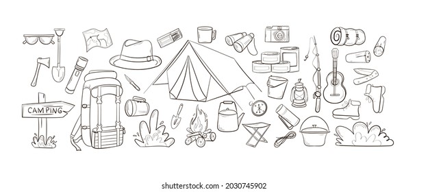 Camping and travel items set. Hand drawn style. Hat, canned food, sleeping bag, binoculars, compass, kettle, tent, sleeping bag, fishing rod bucket boots. Vector illustration