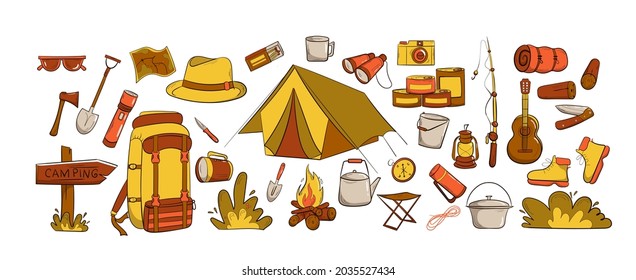 Camping and travel items set. Hand drawn style. Items are arranged horizontally. Hat, canned food, sleeping bag, knife, binoculars, compass, tent, fishing rod, sneakers. Vector illustration