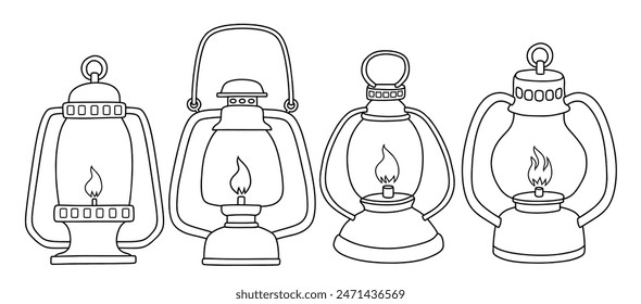 Camping travel lantern doodle icon hand drawing set vector illustration.