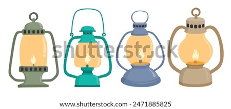 Camping travel lantern vector set cute cartoon style.