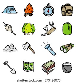 camping travel objects or icons set/ cartoon vector and illustration, hand drawn style, isolated on white background.