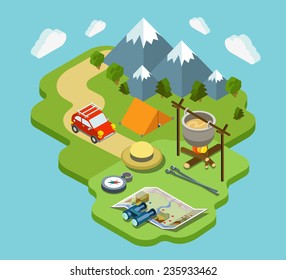 Camping travel outdoor active vacation flat 3d isometric pixel art modern design concept vector. Mountain forest meadow bowler tent fire chowder skewer. Web banners website infographics illustration.