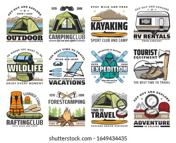 Camping, travel and outdoor adventure vector icons with tourist equipment. Camp tent, backpack and mountain skis, kayak boats, compass and campfire, hiking boots, rv trailer and rafting vest