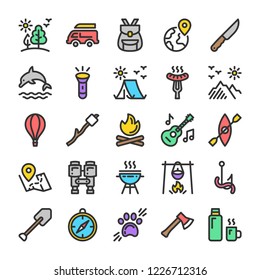 Camping, travel and picnic icons set. Line style