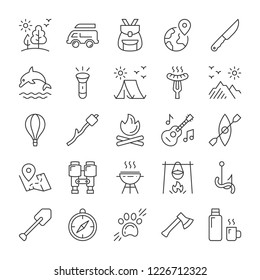 Camping, travel and picnic icons set. Line style