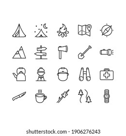 Camping, travel and picnic icons set. Line style icons for web and ui design. Contains such as tent, compasses, mountain and other camping equipment. 