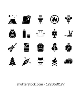 Camping, travel and picnic icons set. Line style icons for web and ui design. Contains such as tent, compasses, mountain and other camping equipment. Suitable for campsites, camp fires and adventures.