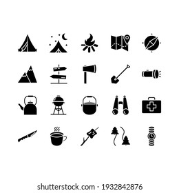 Camping, travel and picnic icons set. Line style icons for web and ui design. Contains such as tent, compasses, mountain and other camping equipment. Suitable for campsites, camp fires and adventures.