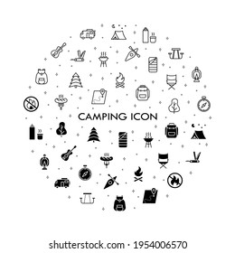 Juego de íconos de camping, viaje y picnic. Iconos de estilo de línea para diseño web y ui. Contiene carpas, brújulas, equipo de montaña y otros equipos de camping. Adecuado para campings, fogatas y aventuras.