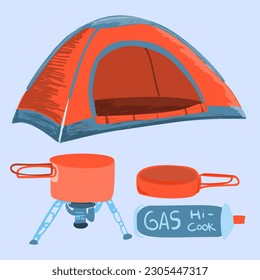 Camping travel tent and gas stove equipment cartoon vector illustration. Graphic design