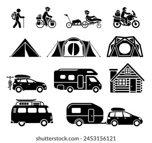 Camping travel and tourism. Collection of tent and caravan icons.