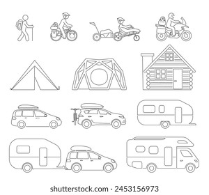 Camping travel and tourism. Collection of tent and caravan icons.