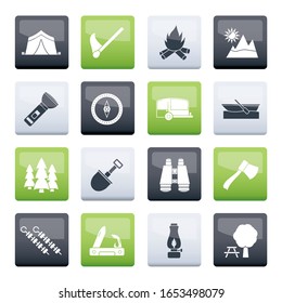Camping, travel and Tourism icons over color background - vector icon set
