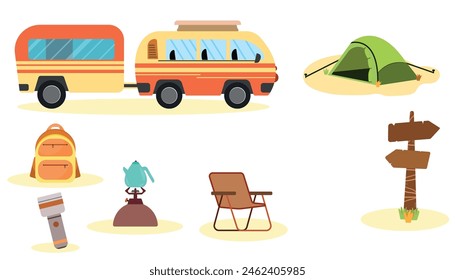 camping, travel, trip, hiking, tourist, nature, journey, set.
vector design.