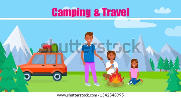 Camping\
and Travel Vector Banner with Lettering. Summer Holiday, Vacation.\
Outdoor Activities on Nature Flat Illustration. Cartoon Characters\
Frying Marshmallows in Forest. Hiking,\
Trekking