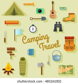 camping travel vector set of flat icons.
