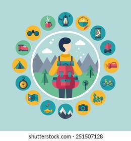 Camping and traveling concept with flat stylish icons