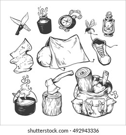Camping and traveling. Hand drawn vector elements. Backpack, campfire, tent, cauldron, compass, axe, map, boot, knife, lamp, water bottle.
