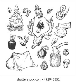 Camping and traveling. Hand drawn vector elements. Water bottle, campfire, tent, compass, axe, map, berries, leaves, mushrooms, antler.