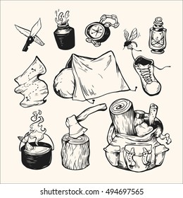 Camping and traveling. Hand drawn vector elements. Backpack, campfire, tent, cauldron, compass, axe, map, boot, knife, lamp, water bottle.