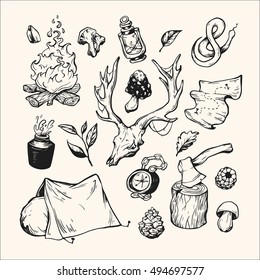 Camping and traveling. Hand drawn vector elements. Water bottle, campfire, tent, compass, axe, map, berries, leaves, mushrooms, antler.