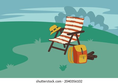 Camping and Traveling. A home among the trees, a holiday trip. Life in the forest folding chair, campfire, tent, camping, mobile home. Vector illustration