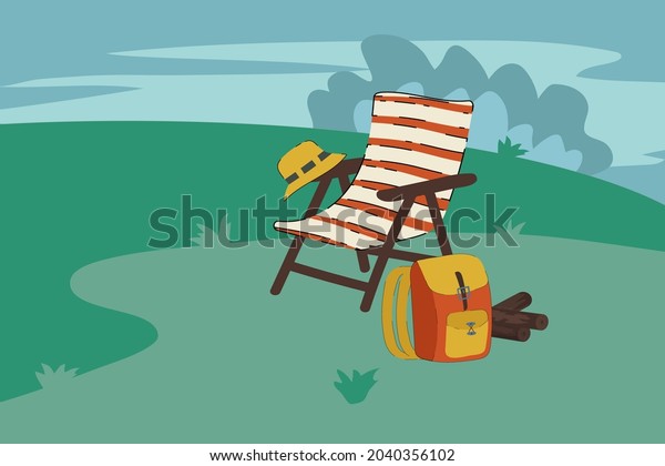Camping and Traveling. A home among the\
trees, a holiday trip. Life in the forest folding chair, campfire,\
tent, camping, mobile home. Vector\
illustration