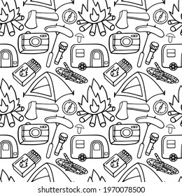 Camping and traveling icons, black marker on white background.