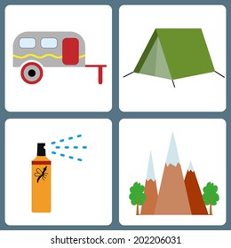 Camping and traveling icons set, isolated on white