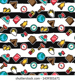 Camping, traveling seamless pattern. Trip. Hiking stickers on brushstrokes black striped background