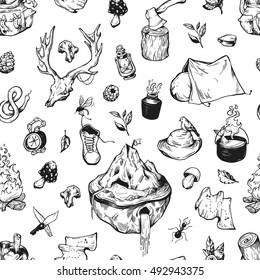 Camping and traveling seamless pattern. Vector elements. Backpack, campfire, tent, cauldron, compass, axe, map, berries, leaves, mushrooms.