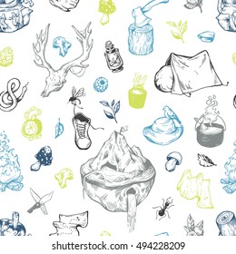 Camping and traveling seamless pattern. Vector elements. Backpack, campfire, tent, cauldron, compass, axe, map, berries, leaves, mushrooms.