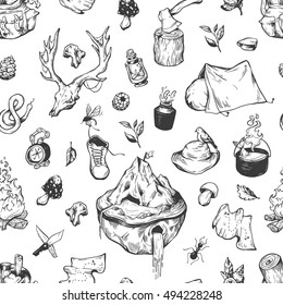 Camping and traveling seamless pattern. Vector elements. Backpack, campfire, tent, cauldron, compass, axe, map, berries, leaves, mushrooms.
