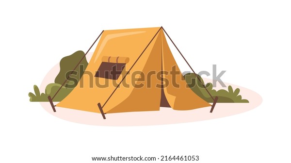 Camping
and traveling, summer vacation and relax outdoors. Leisure and rest
in nature. Campsite with tent for relaxing. Recreation and
entertainment in mountains. Vector in flat
style