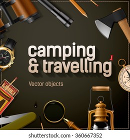 Camping and traveling template with equipment, vector illustration.
