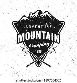 Camping and traveling vector badge with mountains and marshmallow on stick isolated on white background with removable grunge texture