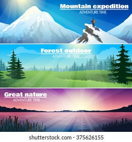 Camping travelling outdoor adventures 3 horizontal banners set with forest and snowy mountains landscape abstract illustration vector