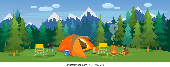 Camping travelling picturesque landscape vector illustration. Template with beautiful view on meadow of tourists camp with tent, campfire, bbq and chairs on mountain and forest background