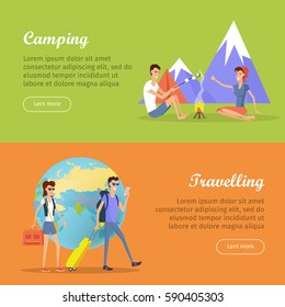 Camping and travelling posters. Family couple making barbecue. Man and woman sitting near fire. Happy tourists on journey. For web banners, marketing and promotional materials, presentation templates