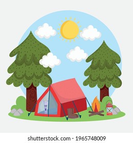 camping trees tent lantern bonfire