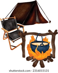 Camping and trekking equipment included, painted with watercolors