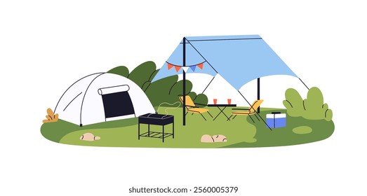 Camping with trekking tents and equipment for barbecue weekends. Summer campsite with grill. Campground at hiking, halt in travel at nature. Flat isolated vector illustration on white background